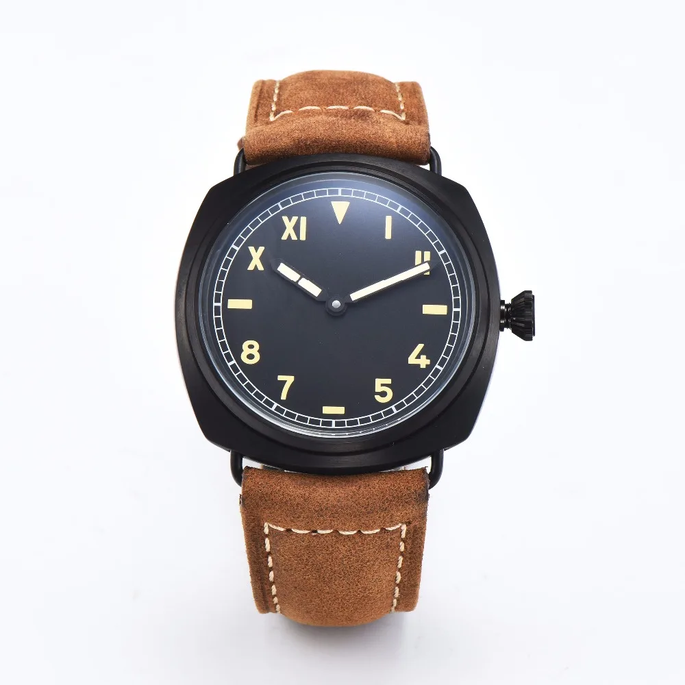 

Watch 47mm manual movement 6497 mechanical Luminous Hands winding PVD coated leather strap mineral glass 58-10