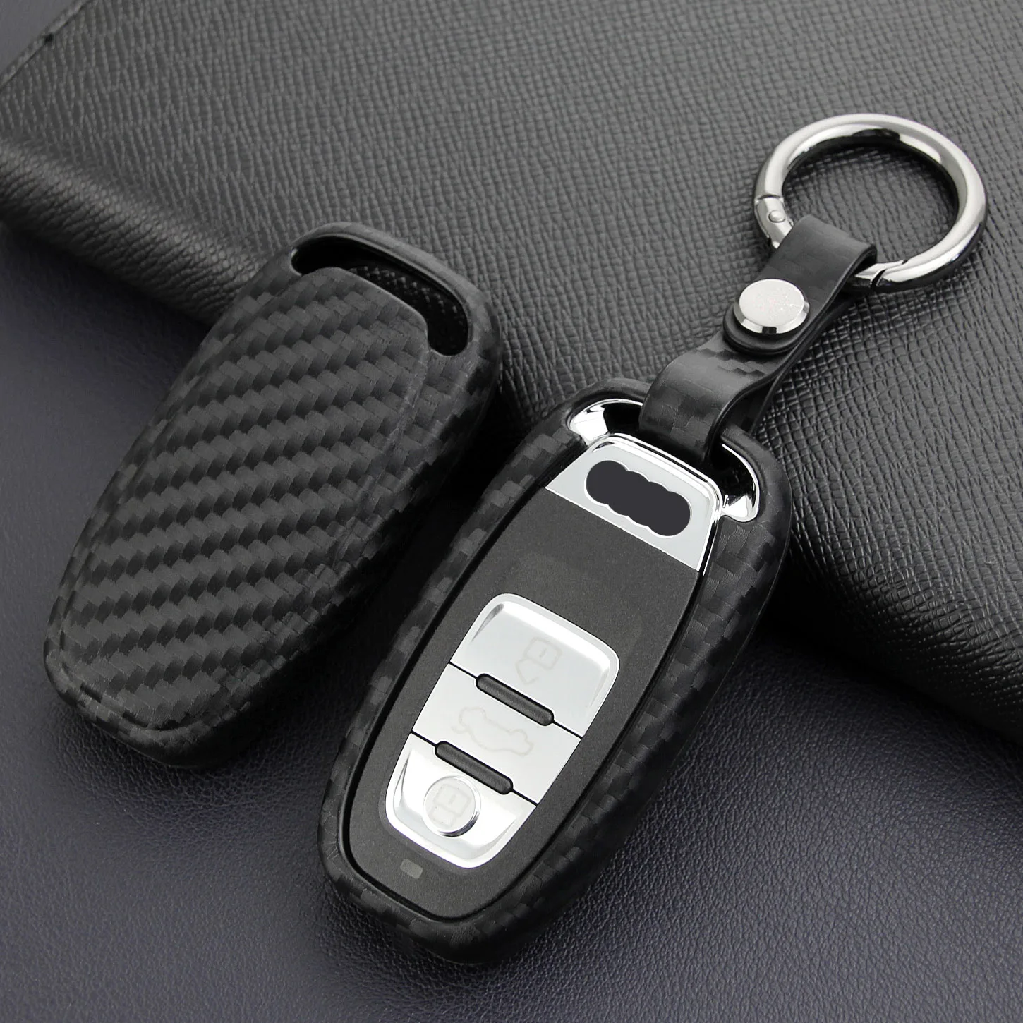 Carbon Fiber Look Car Key Case Cover Holder Fob Chain For Audi A4 B8 A5