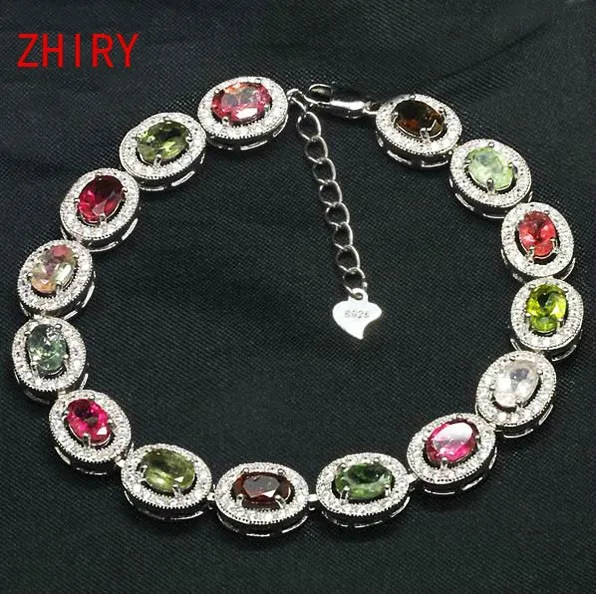 Zhhiry натуральный турмалин камни браслет Натуральный камень Подлинная стерлингового серебра 925 Женщины Ювелирные изделия
