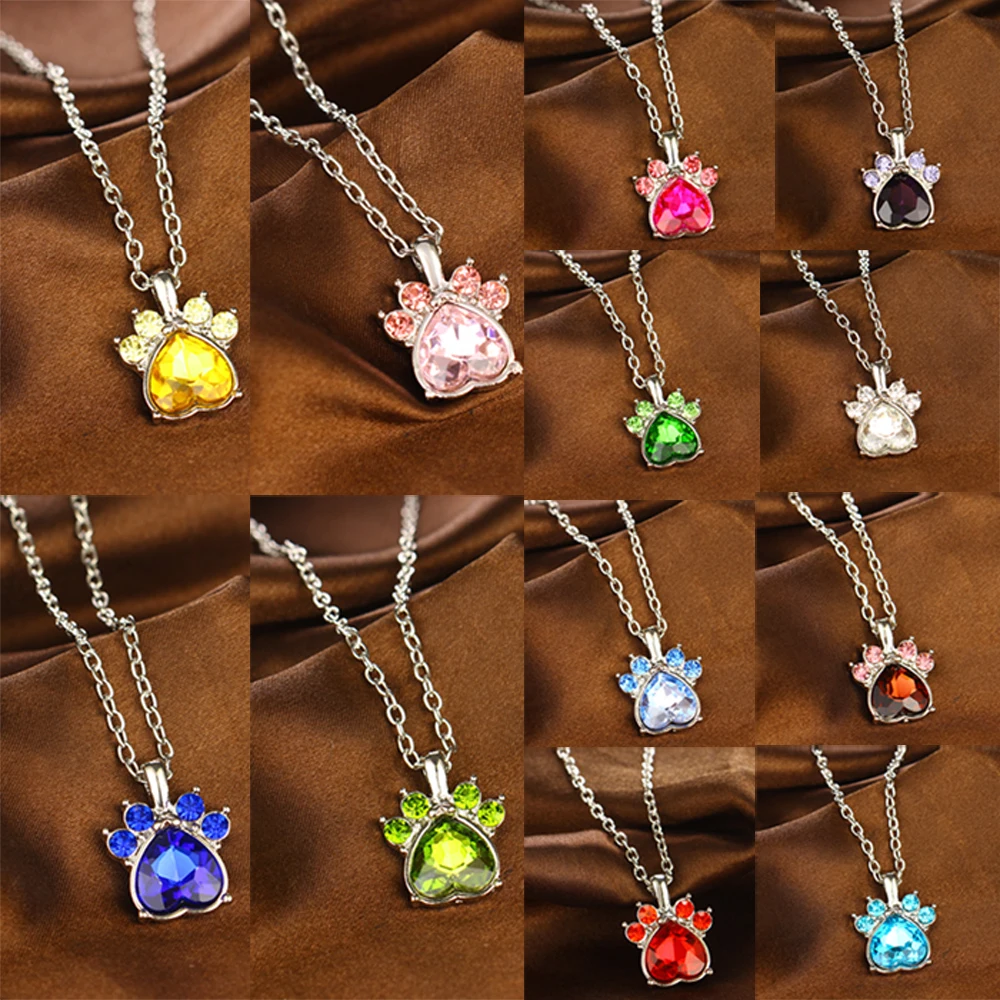 

Multicolor Crystal Rhinestone Birth Heart Stone Pendant Dog Paw Claw Chain Necklace Women Girls 12 Months Necklaces Jewelry Gift