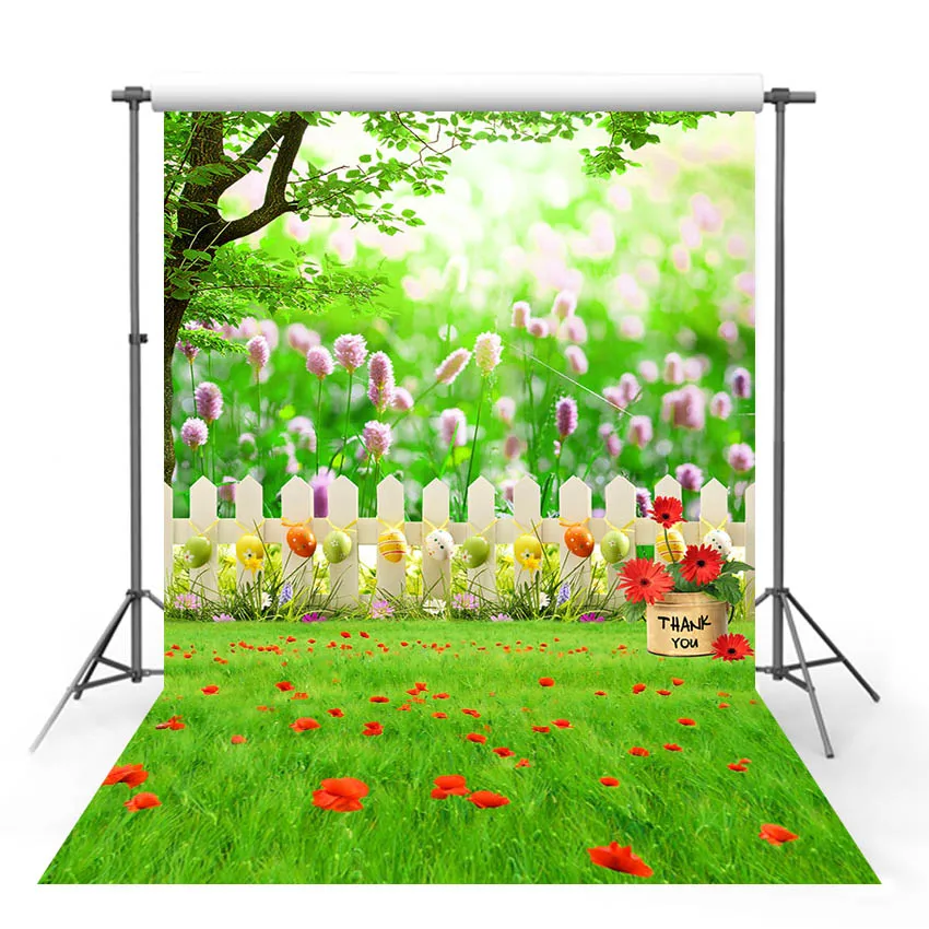 Vinyl Photography Backgrounds Studio Easter Eggs Spring Green Meadow Flower White Fence Decor Photo | Электроника