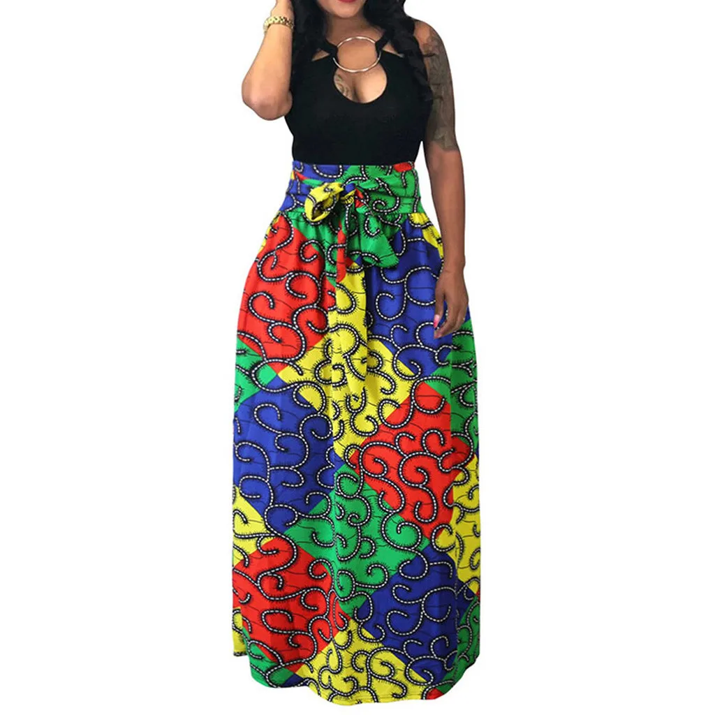 

Women High Waist Vintage Printed Pleated Swing Long African Leated Beach Skirt
