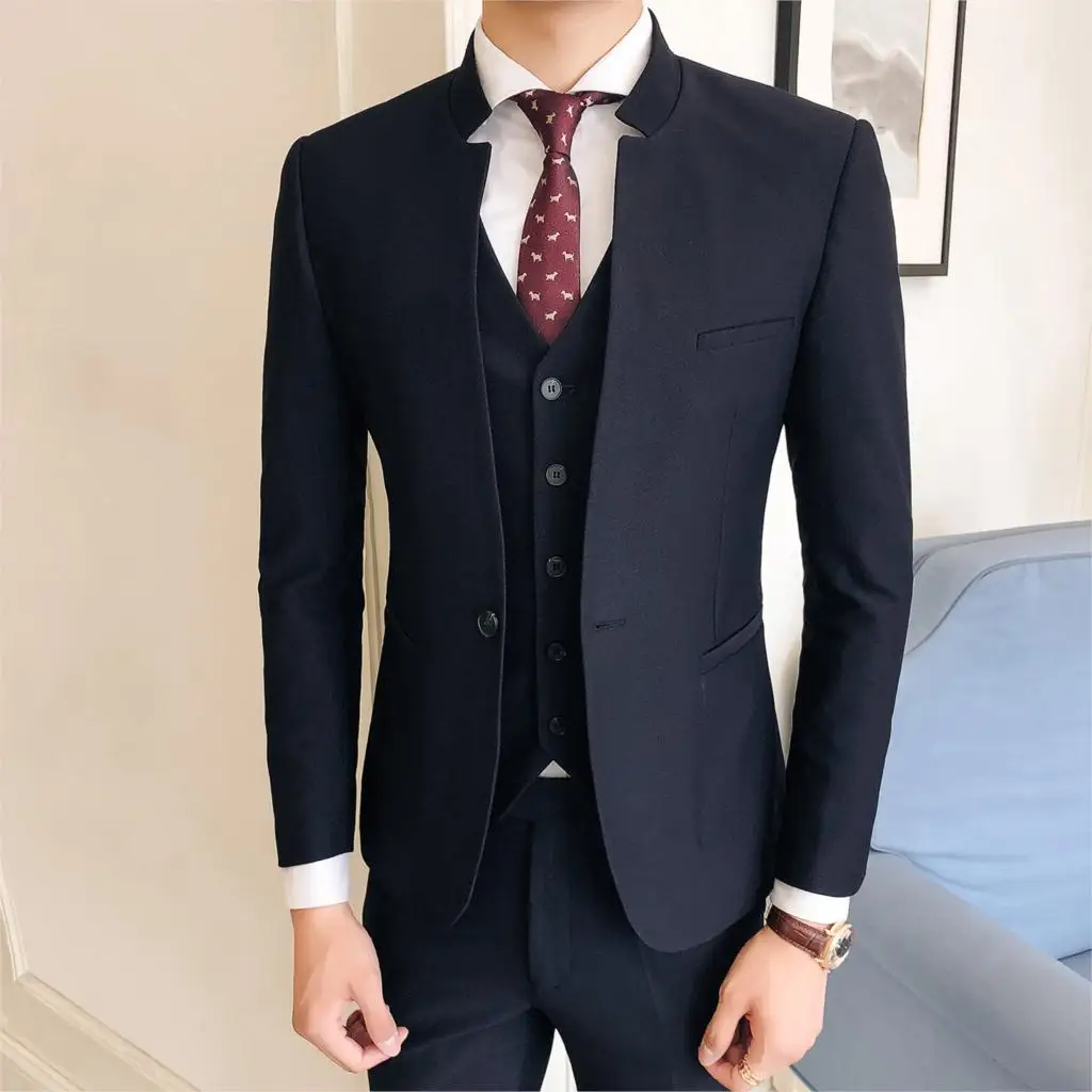 

Loldeal Men's 3 Pieces Wedding Suits Pure blue Collar Three-Piece Tuxedo Suits