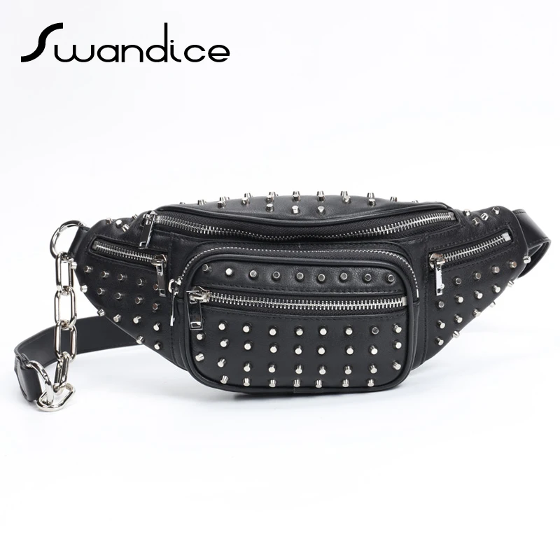 

Natural Calfskin Real Genuine Leather Studed Rivet Chest Waist Bum Belt Fanny Pack Crossbody Shoulder Bags Women Female Handbags