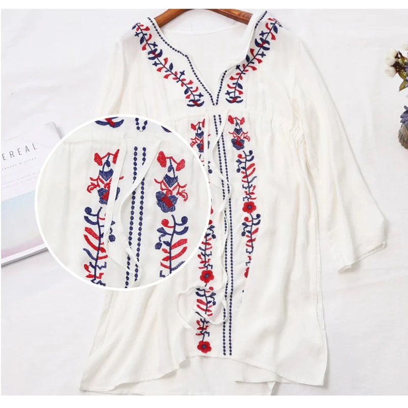 

Summer Women Embroidery Retro Bikini Long-sleeved Blouse Beach Skirt Fashion Holiday Beach Skirt Loose Dress FI-19ING