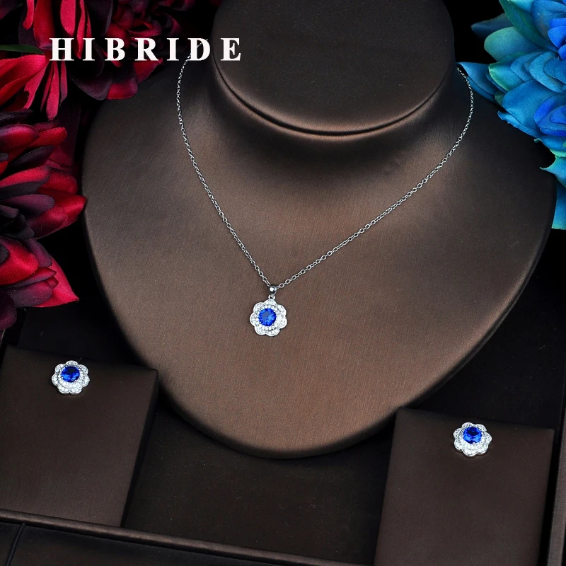 

HIBRIDE Luxury Blue Cuibic Zircon Flower Link Chain Pendant Jewelry Sets For Women Necklace Sets Earings Fashion Jewelry N-544