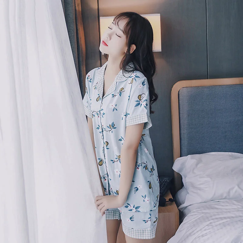 

2Pcs Women Pajamas Set Ins Style Homewear Turn-down Collar Plaid Ladies Summer New Soft Cotton Pastoral style Female Casual Wear
