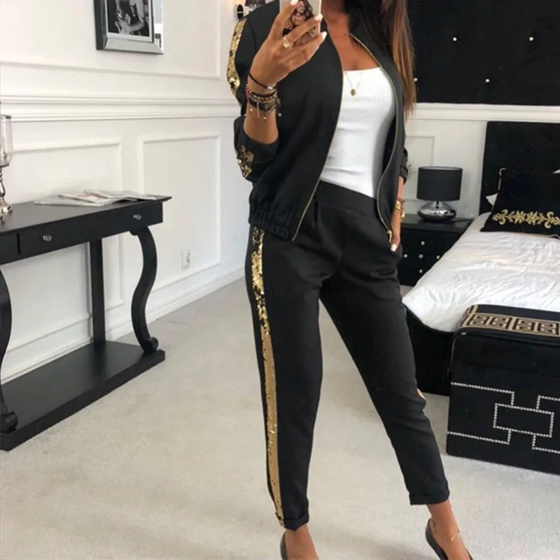 Side Sequined Tracksuit For Women Two Piece Set Autumn Zipper Long Sleeve Patchwork Sports Streetwear Women's Tracksuits - Цвет: Черный