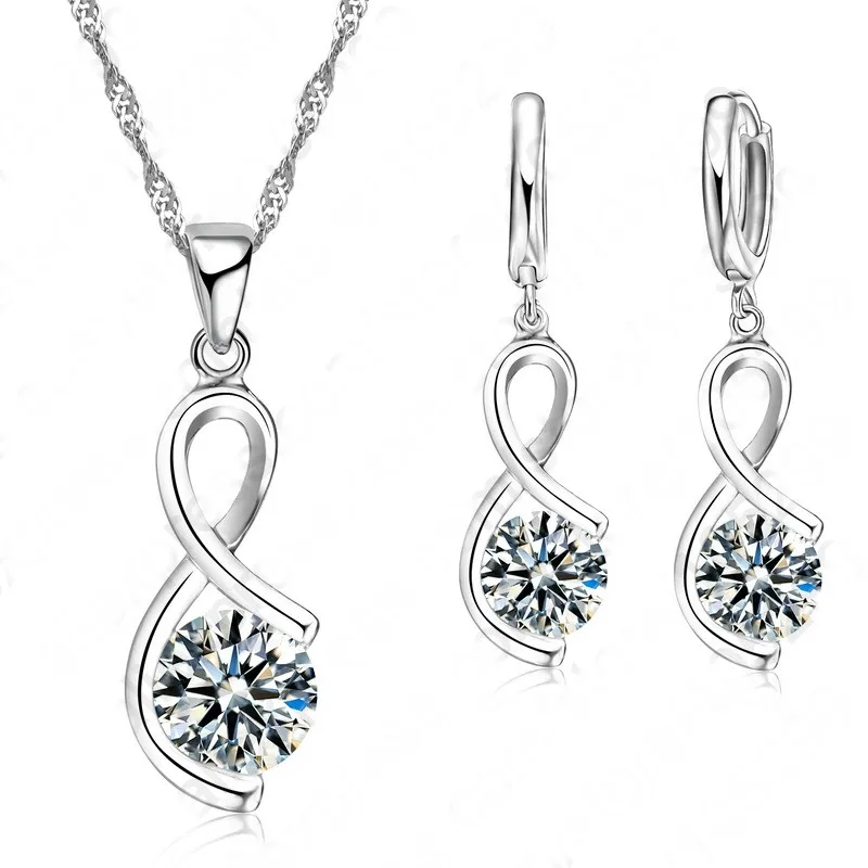 

925 Sterling Silver Needle Nice Jewelry Cubic Zircon Number "8" Shape Pendant Necklace Woman Girl Wedding Drop Earring Set