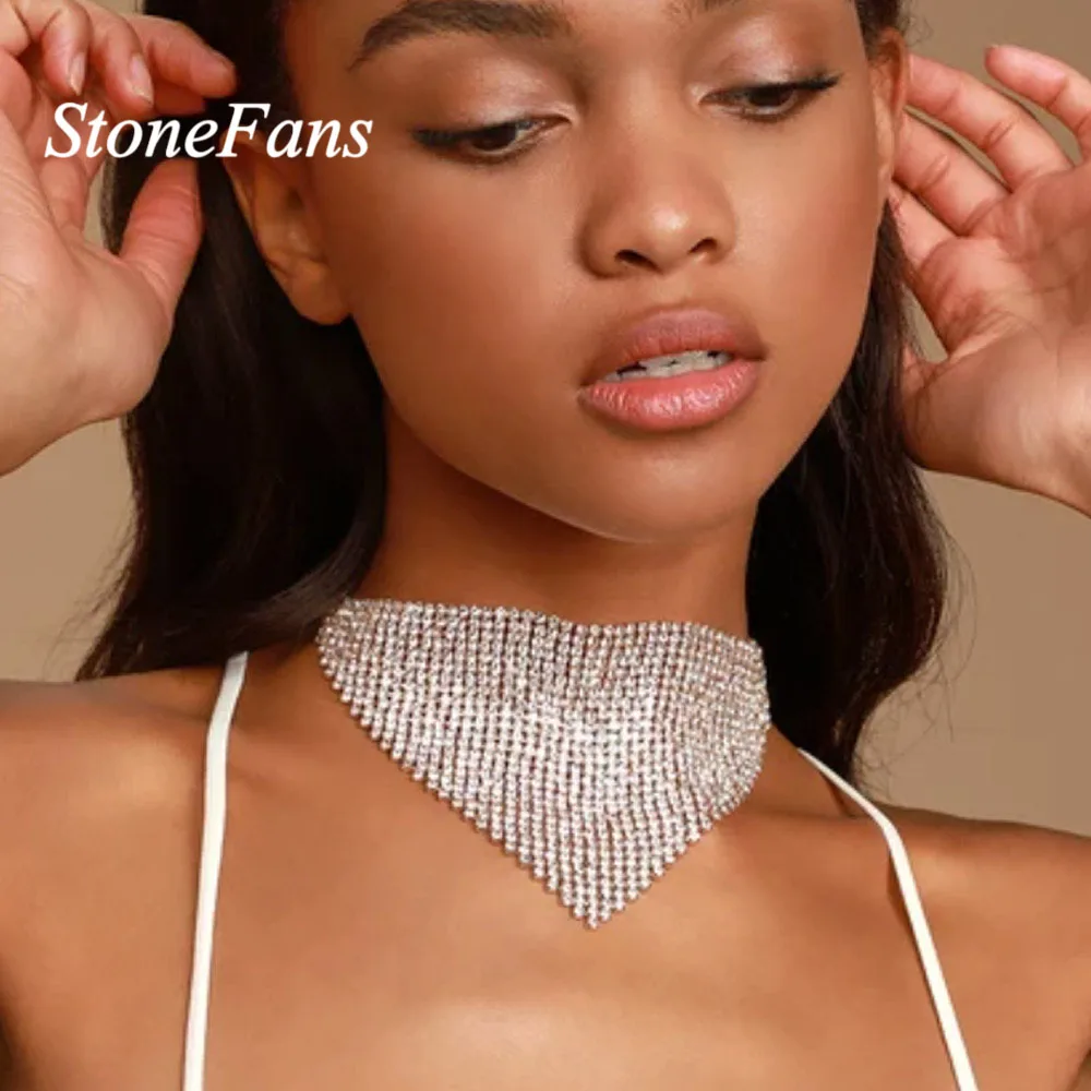 

Stonefans Full Rhinestone Bib Statement Necklace Collar for Women Fashion Crystal Choker Tassel Necklaces Christmas Neck Jewelry