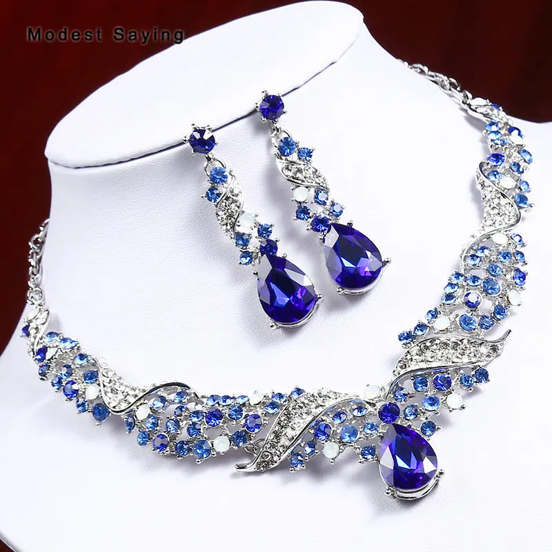 Elegant Royal Blue Shiny Bridal Jewelry Sets 2018 with Rhinestone Red