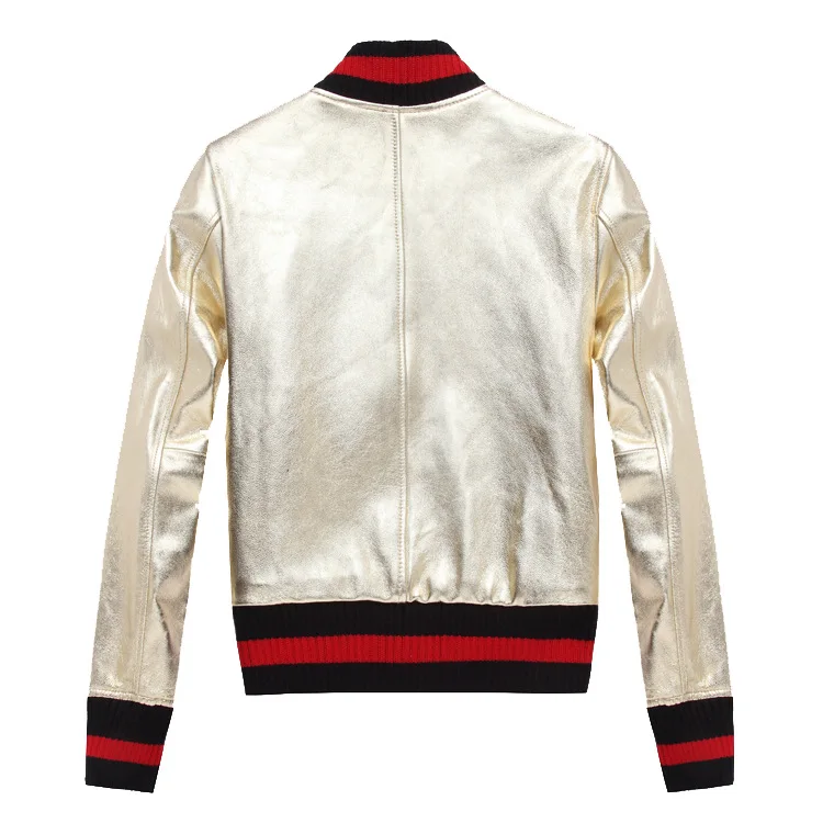 Fashion Gold/silver sheepskin bomber jackets Chic women's baseball uniform coat Real leather Jackets coat S531