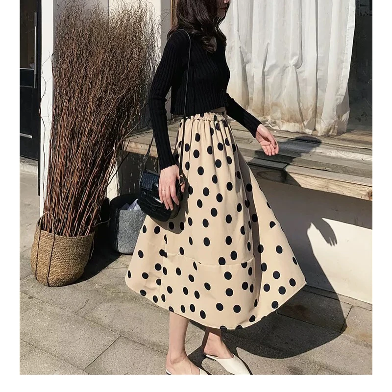 

2019 New Summer Autumn fashion Female Skirt Midi Knee Length Elegant Dot High Waist Skirt Pleated Women long Skirts