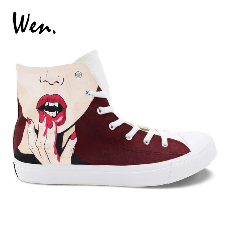 ون الأصلي ناحية العرف رسمت أحذية مصاص دماء سيدة تمتص الدم أحمر شفاه النساء أحذية رياضية من قماش القنب مرحبا أعلى الأحمر الداكن الإناث أحذية ت...
