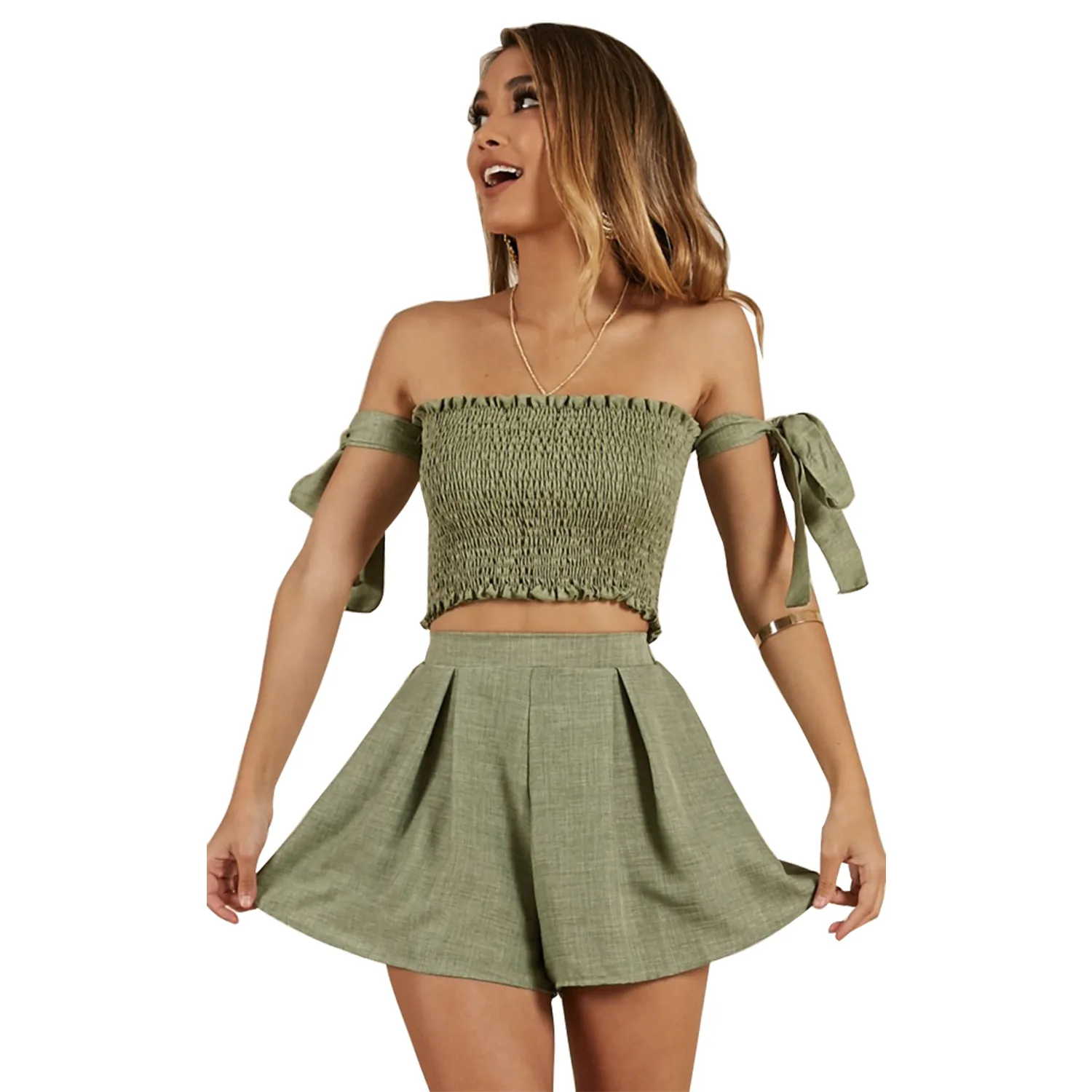 Women's Pleated Sexy Slim Short Strap Top Casual Wide Leg Shorts Set