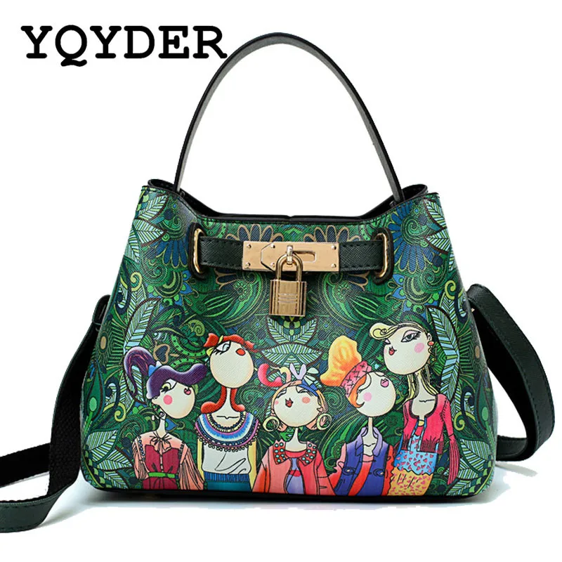 

2018 Luxury New Fashion PU Leather Printing Handbags Lock Messenger Bags Designer Ladies Green Bucket Shoulder Bag Ladies Sac