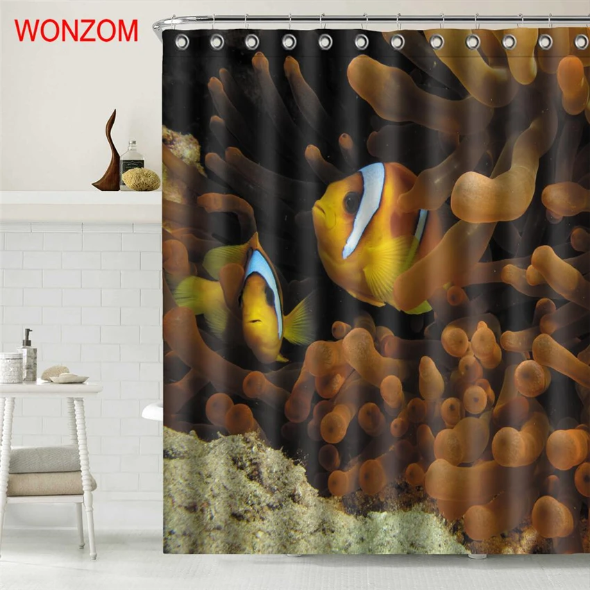 

WONZOM Polyester Fish Shower Curtains with 12 Hooks Modern 3D Animal Waterproof Curtain For Mildewproof Bathroom Decoration Gift