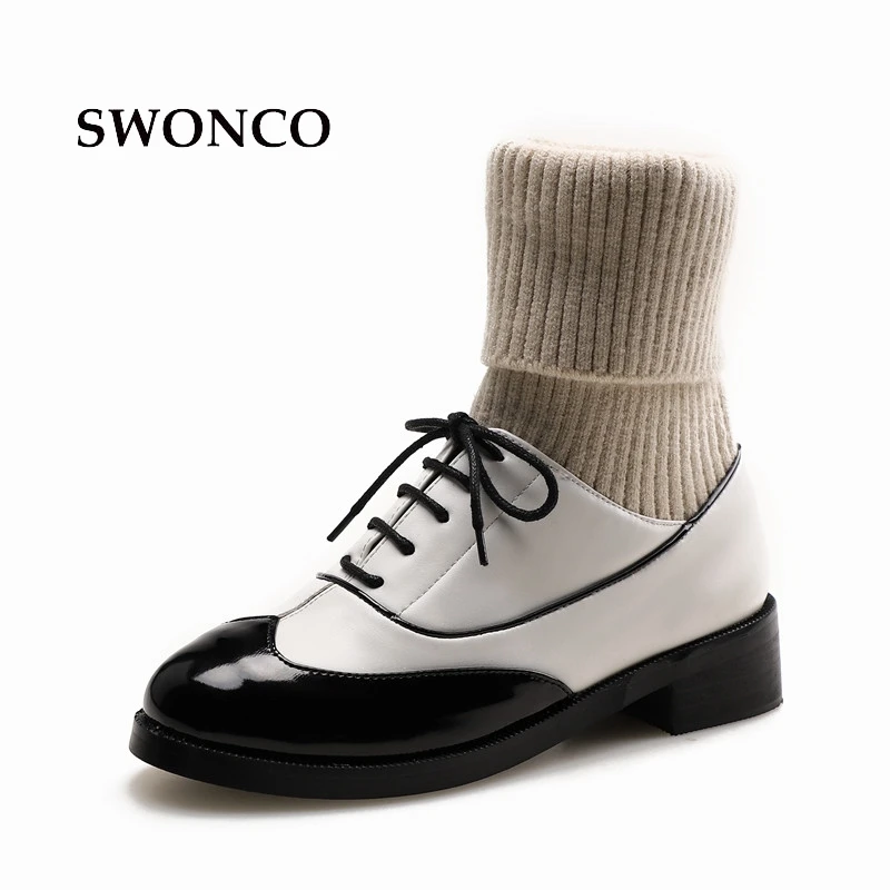 

SWONCO Women's Ankle Boots 2018 British Style Knitting Wool Fashion Sock Boot Women Boots Autumn Winter Shoes Heels Woman Boot