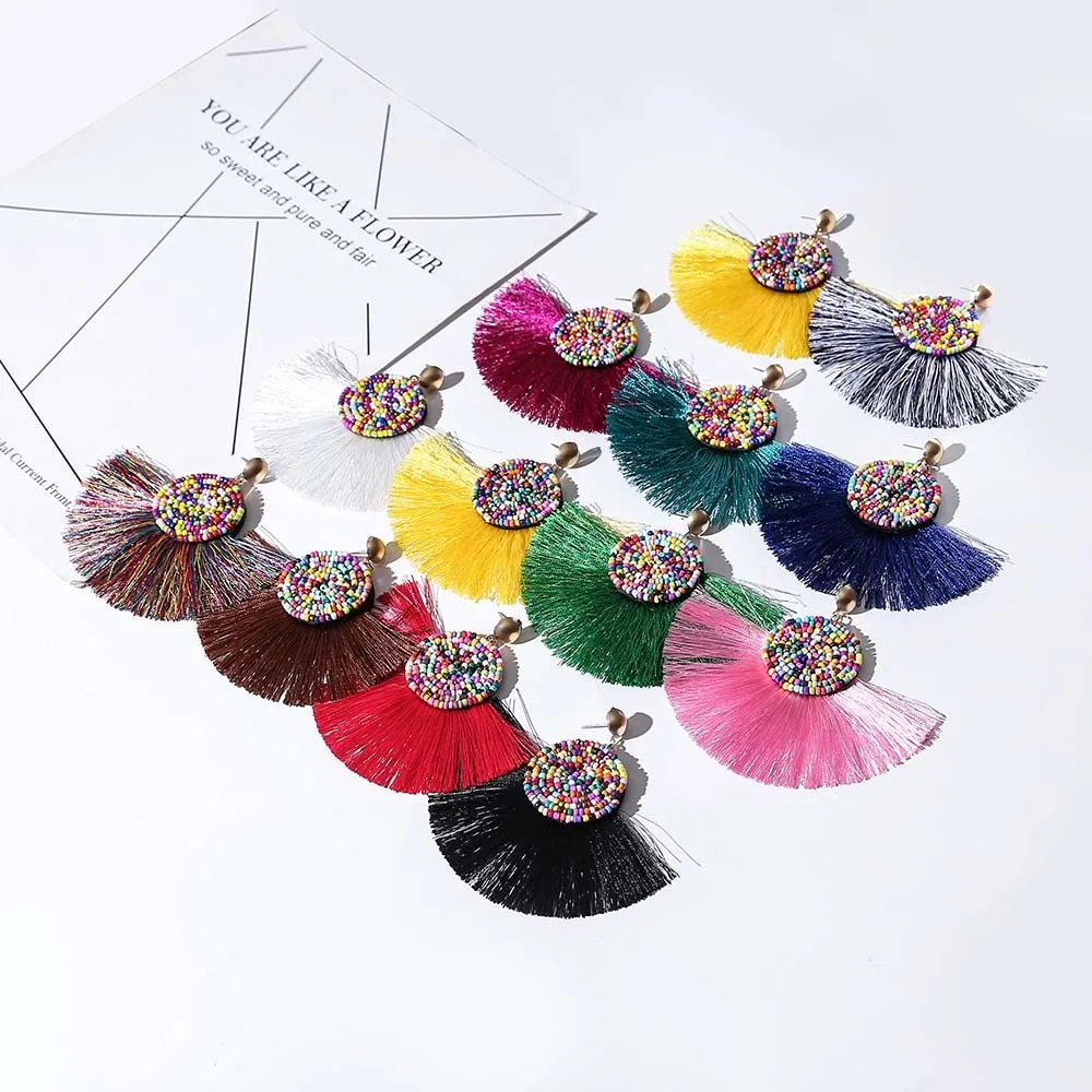IMG_8313 Trendy Drop Earrings WomenLongBohemianBeadsBeadsBlueSilkBalckDangleMetalBohoGold Tassel Earrings 2018 Jewelry