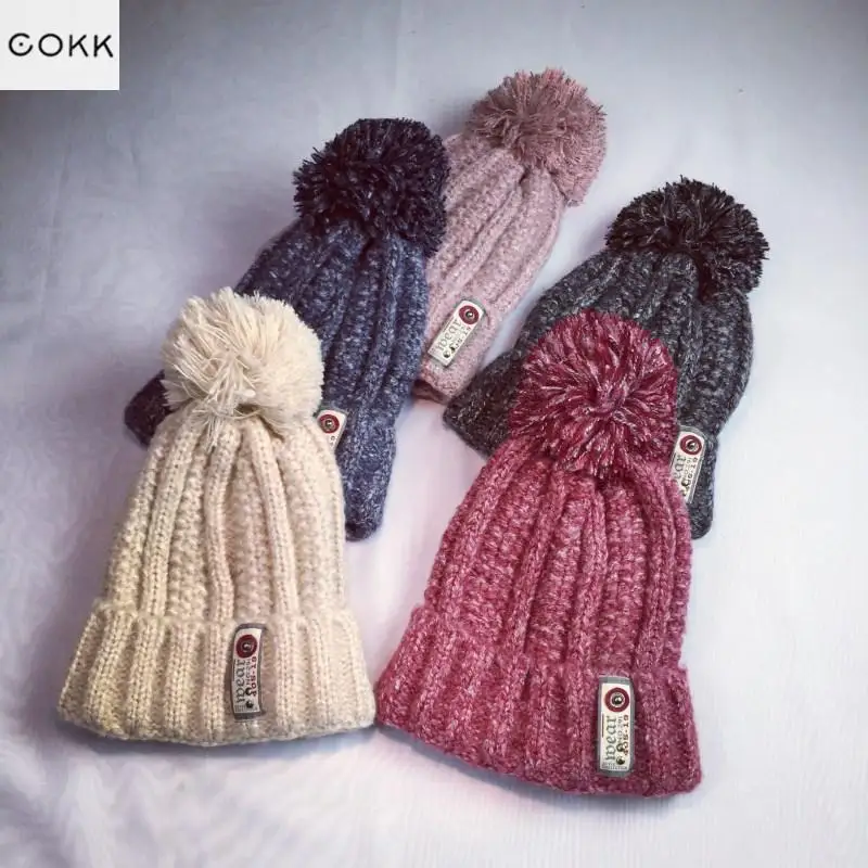 

COKK Pompom Winter Hat For Women Girl 's Wool Hat Knitted Cotton Beanies Cap Brand New Thick Warm Female Cap Bonnet Gorro