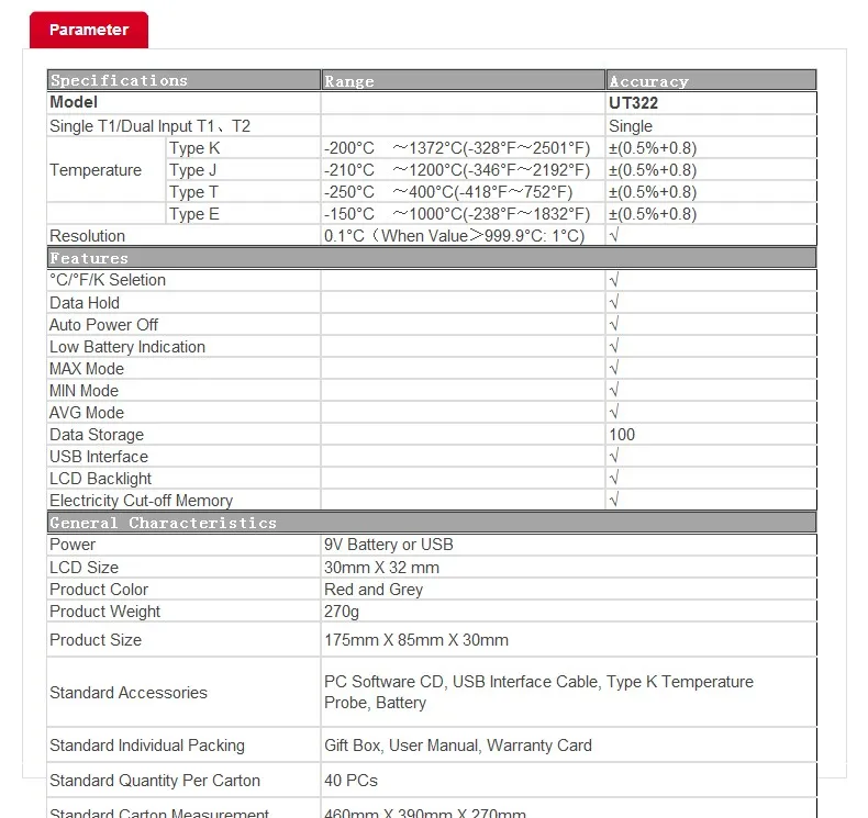 UNI-T UT321 Тип контакта термометры Диапазон-150~ 1375 USB интерфейс промышленный температурный тест выбор