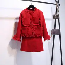 Новая мода осень зима дамы элегантный большой карманы красный костюм с кисточками твидовое пальто+ короткая юбка из двух частей женские юбочные костюмы
