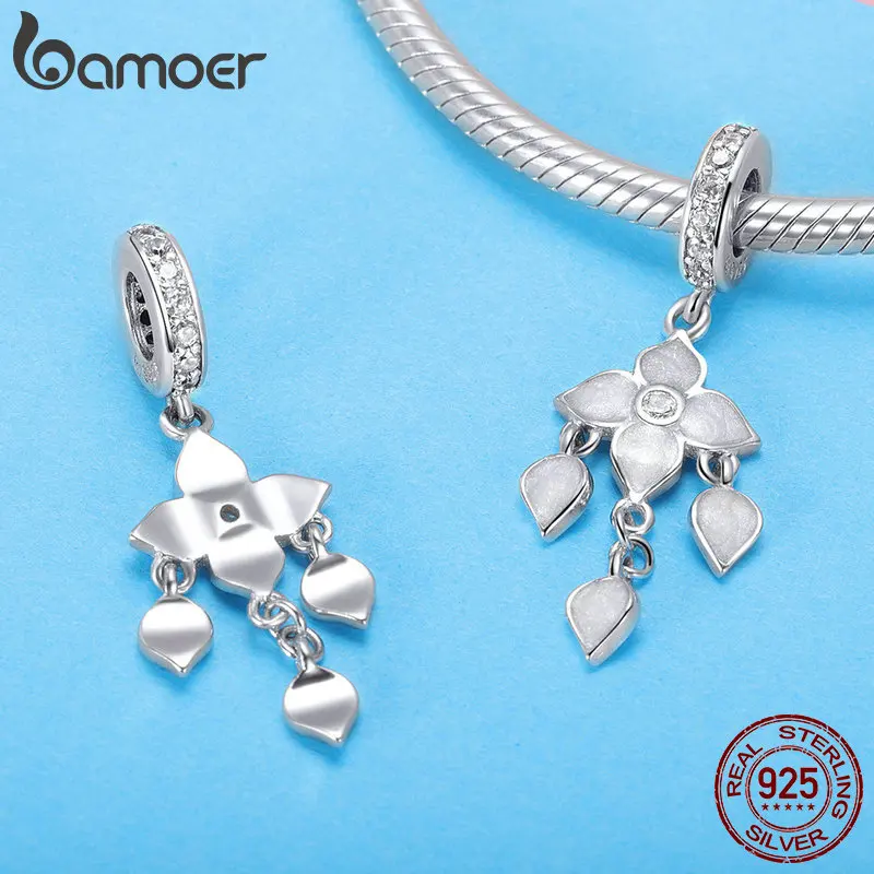 BAMOER Romantische 925 Sterling Silber Weiß Orchidee Clover Blume Charms Anhänger fit Original Armbänder Halsketten Schmuck BSC024