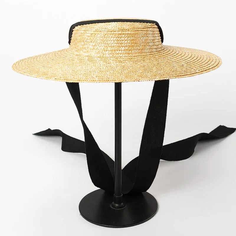 Wide Brim Boater Hat 10cm 15cm Brim Straw Hat Flat Women Summer Kentucky Derby Hat White Black Ribbon Tie Sun Hat Beach Cap 2