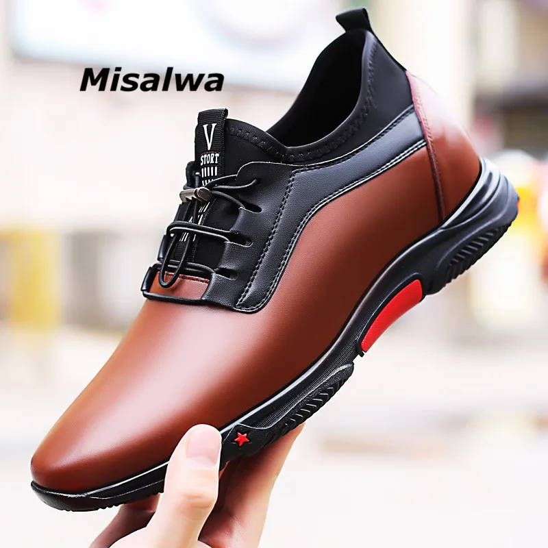 Misalwa 2019 Fashion Sneakers Men Luxury Platform Elevator Shoes Brown Leather Elastic Band Casual Height Increasing 5-7 CM Shoe