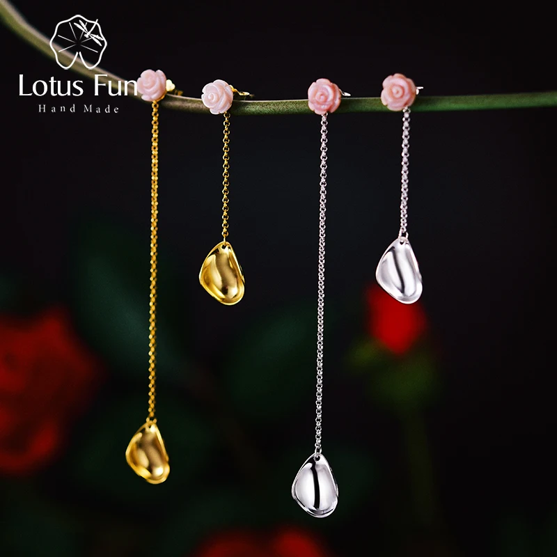 Lotus Fun Real 925 Sterling Silver Handmade Designer Fine Jewelry Sea Shell Delicate Rose Petals Uneven Drop Earrings for Women