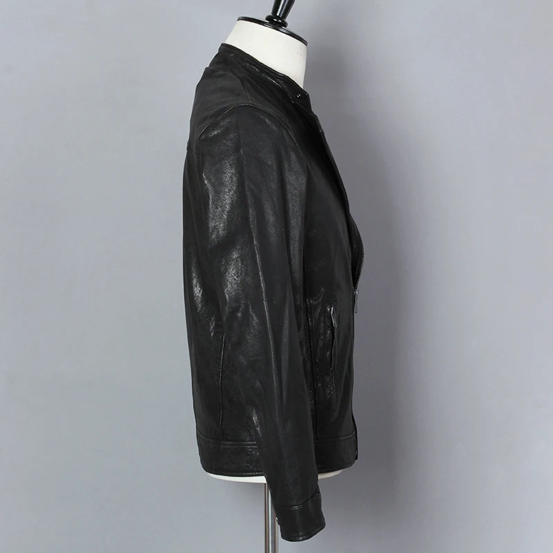 Модная мужская куртка из натуральной кожи приталенная короткая черная овчина мотоциклетный кожаный жакет лацкан Байкерская кожаная куртка