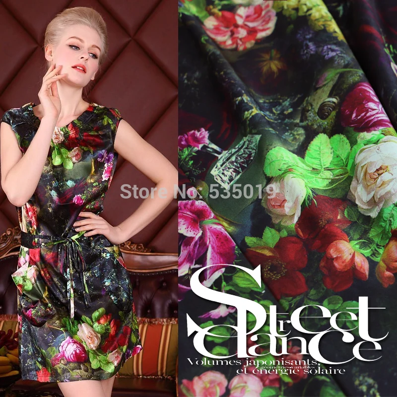 

Hot sale High-quality strech thick silk green spinning top elastic satin silk clothes 97% mulberry silk fabric print flowers