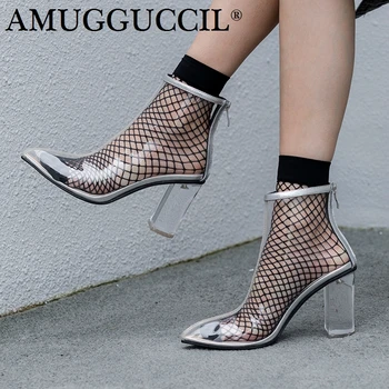

2019 New Plus Big Size 35-45 Silver Black Zip Fashion Sexy High Heel Clear Spring Summer Girl Females Ladies Women Boots X1808