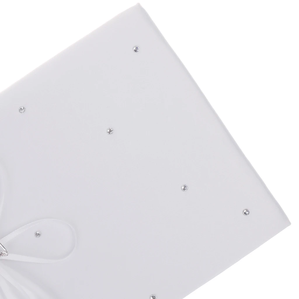 White Wedding Guest Register Comment Book Silver Pen Set Crystal Bow Ribbon