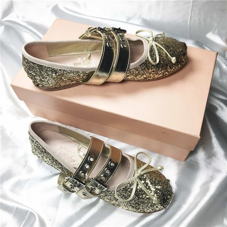 

Bling Gold Silver Sequined Cloth Women Shoes Round Toe Butterfly Knot Woman Flats Rivets Buckle Ballet Flats Party Runway Shoes