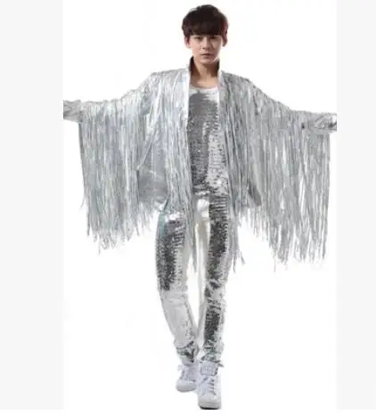 

S-5XL ! 2017 Nightclub Men's New clothing singer bar DJ GD Rock punk silver fringe leather suit jacket Men stage costumes
