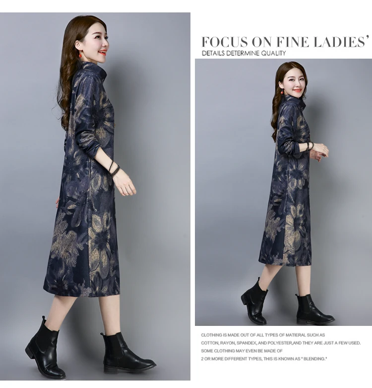 3601 Elegant Plus Size Long Dress 4xl for Women Vintage Turtleneck Thick Wool Floral Print Mon Winter Dresses Women 2018 Ladies 3