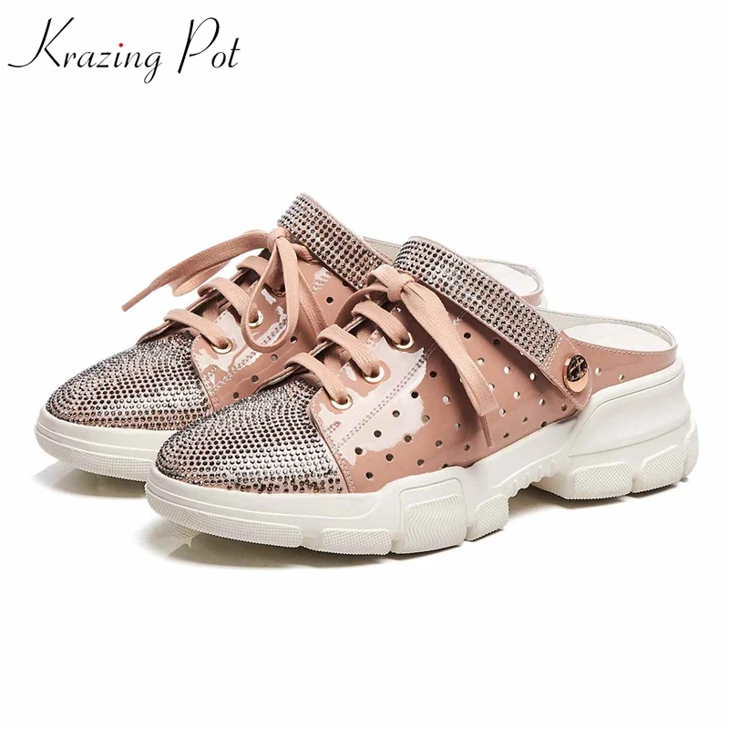 

Krazing pot genuine leather crystal beading round toe slip on breathable casual med heel platform princess vulcanized shoes L53