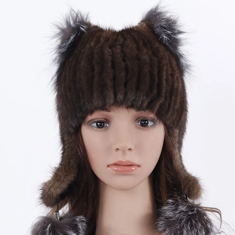 

Elastic Real Mink Fur Cap Women with earflaps Lady's Mink Fur Hats Women's Genuine Mink Fur Knitted Hat Women Chapeau -30