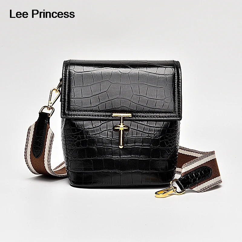 

LEE Princess Genuine Leather Womens Shoulder Bag Ladies Bucket Messenger Bags Female Wide And Chain Strap Crossbody Bag For Girl