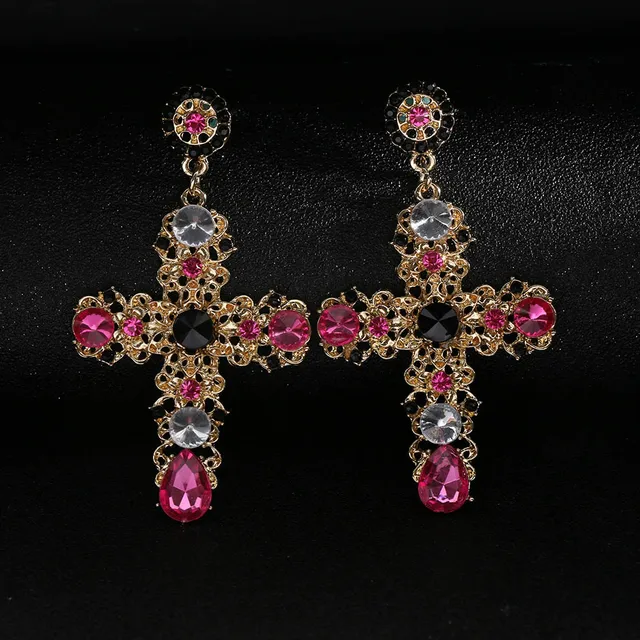 New Baroque Style Drop Earring Luxury Gold Color Colorful Crystal New Baroque Style Drop Earring Luxury Gold Color Colorful Crystal Cross Large Long Dangle