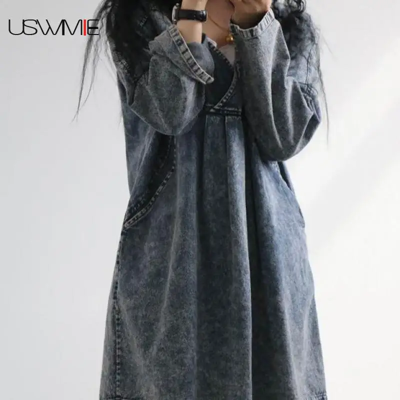 

USWMIE 2018 Spring Vintage Art Modified Chinese Washing Basic Cowboy Tops Long Sleeve Solid Color Casual V-neck Do Old Pullover