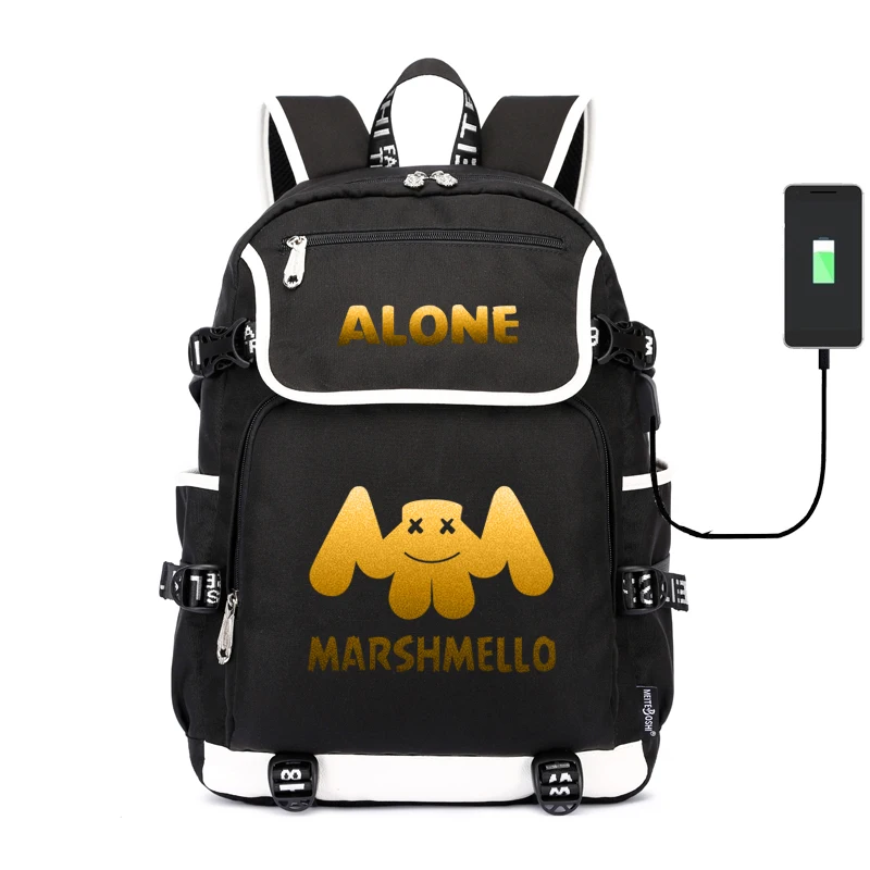 

American DJ Marshmello Doctom Golden Print Travel Bagpack USB Charging Laptop Backpack Canvas Oxford Large School Back Pack