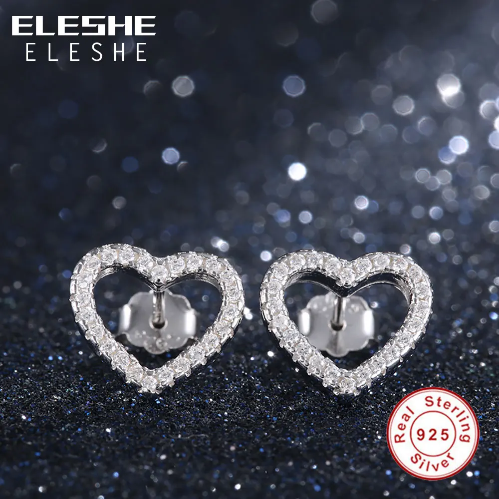 ELESHE 2019 New Valentine's Day Hollow Love Heart Stud Earrings 925 Sterling Silver Earrings for Women Fashion Jewelry Gifts