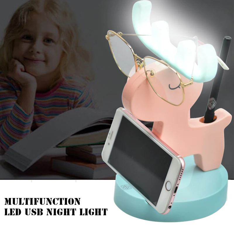 

Nordic Deer Rechargeable Multifunction USB Led Night Light Bracket Pen Holder Three-gear Dimming Study Nights Table Lamp Gift
