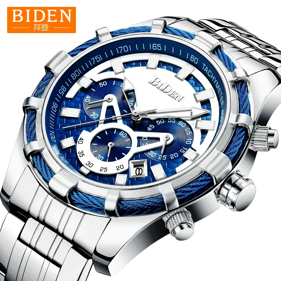 

Mens Sports Waterproof Watches BIDEN Stainless Steel Clock Drop Shipping Male Quartz Business Casual Watch Men's WristWatch