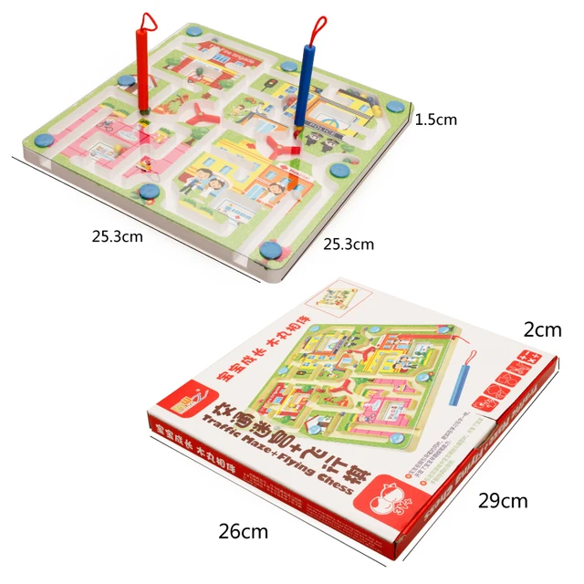 Intelligence toy wooden game labyrinth wood cartoon maze magnetic ball flight chess 2 in 1 baby birthday gift 1pcs AR toy 3