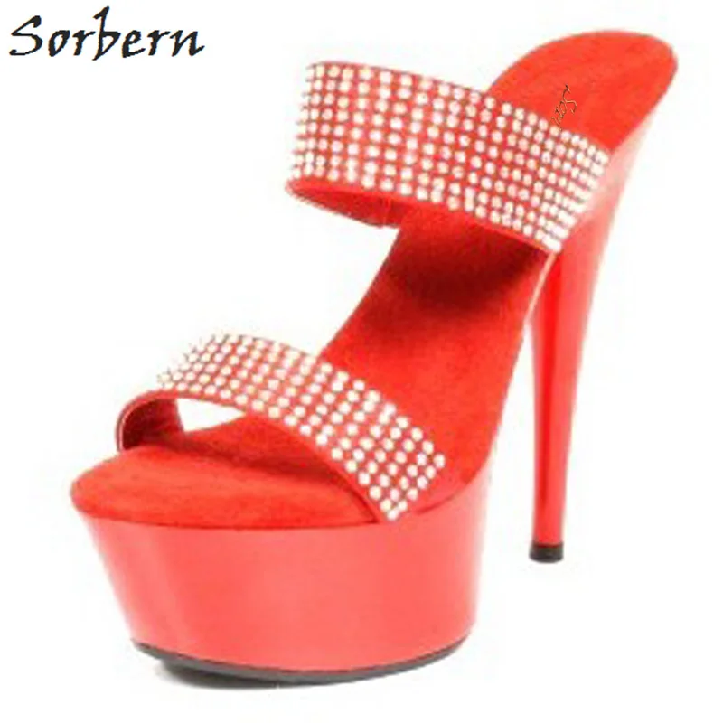 

Sorbern Shiny Red Women Slippers Summer Shoes Ladies High Heels Crystals Straps Slides Females Platforms Women Platform Shoes