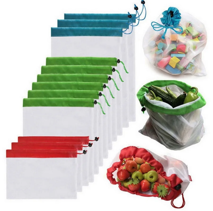 DHL 50 набор 12 шт./компл. многоразовые сетки производят сумки моющиеся мешки для продуктов хранения покупок игрушечные фрукты Органайзер сумка для хранения