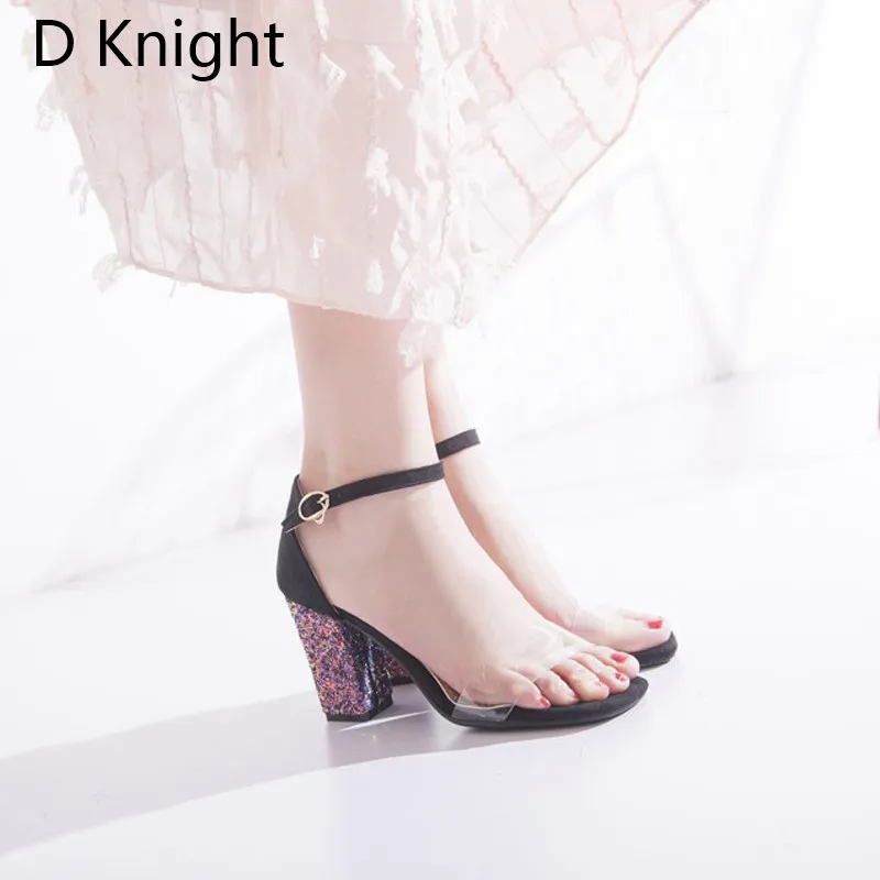 Big Size 52 Women Open Toe Strappy Ankle Strap Yellow Black Sandals Bling Transparent Clear Block Thick High Heel Sequined Shoes (26)